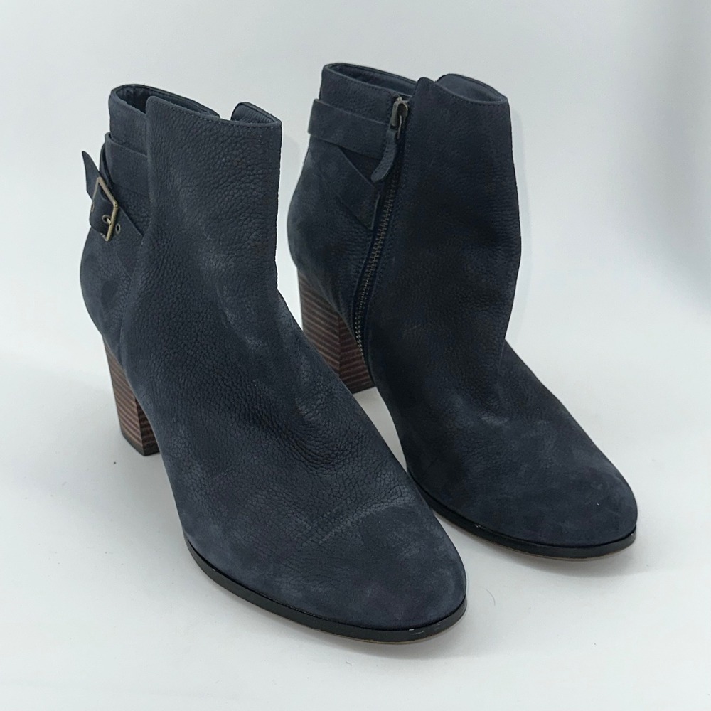 Cole Haan Suede Leather Ankle Booties Side‎ Zip Stacked Heel 10.5 Navy Blue